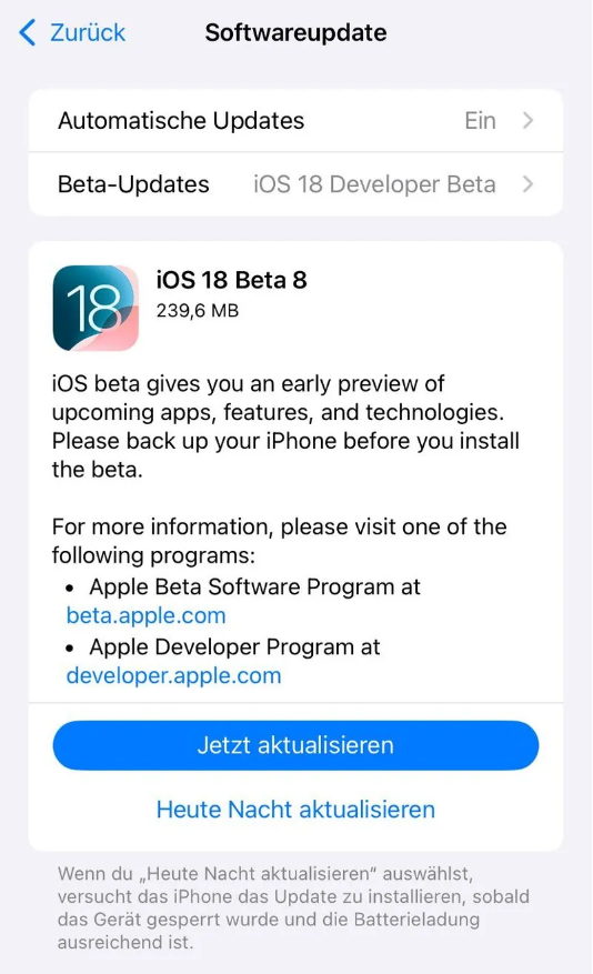 西固苹果手机维修分享苹果 iOS / iPadOS 18 开发者预览版 Beta 8 发布 